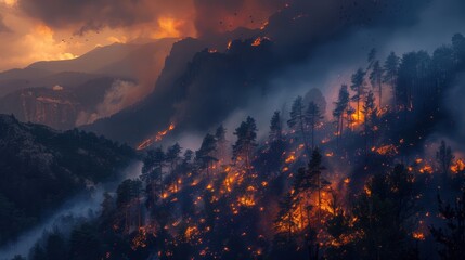Forest fire in mountainous area at dusk ,It is another reason that causes global warming problems. - obrazy, fototapety, plakaty