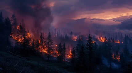 Forest fire in mountainous area at dusk ,It is another reason that causes global warming problems. - obrazy, fototapety, plakaty