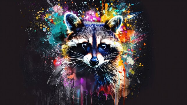 Terrestrial prey, racoon herbivorous animals. They are very cute and lovable. Painted with paint splash technique. Isolated black background. Also for T-shirt printing pattern. Generative AI