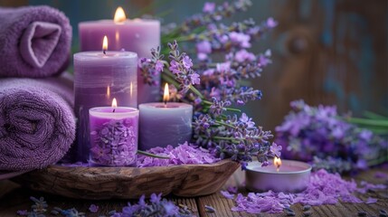 Fototapeta na wymiar Spa still life with candles and lavender