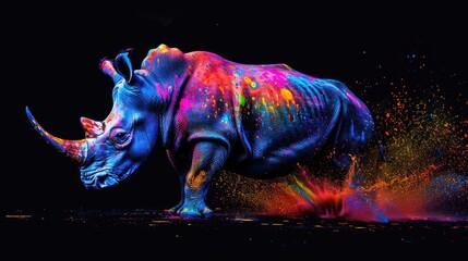 Terrestrial prey, rhino herbivorous animals. They are very cute and lovable. Painted with paint splash technique. Isolated black background. Also for T-shirt printing pattern. Generative AI - obrazy, fototapety, plakaty