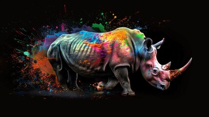 Terrestrial prey, rhino herbivorous animals. They are very cute and lovable. Painted with paint splash technique. Isolated black background. Also for T-shirt printing pattern. Generative AI