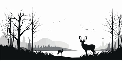 black and white vector deer landscape drawing suitabl