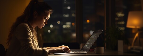 Business woman using laptop at desk work in late in office