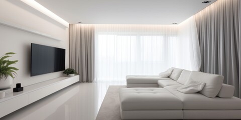 Fototapeta na wymiar Contemporary, white apartments with AC, TV, and sheer curtains