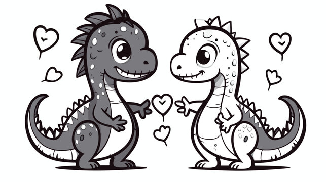 Black and white Valentines dinosaurs clipart. Valenti