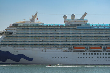 Modern mega cruiseship cruise ship liner Royal or Regal docked at terminal in port San Diego,...