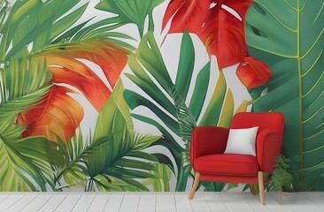 Tropical leaves seamless pattern background wall art, with amazing green shades and red touch. Modern interior design