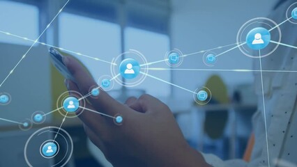 Animation of network of connections with icons over biracial businesswoman using smartphone - Powered by Adobe