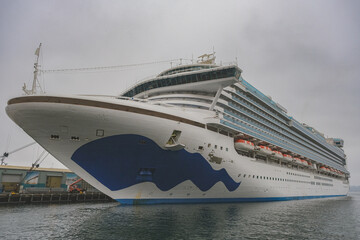 Modern mega cruiseship cruise ship liner Ruby or Sapphire docked at terminal in port San Diego,...