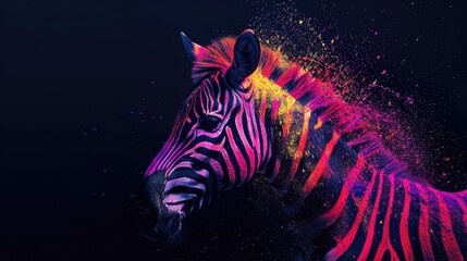 Terrestrial prey, zebr herbivorous animals. They are very cute and lovable. Painted with paint splash technique. Isolated black background. Also for T-shirt printing pattern. Generative AI - obrazy, fototapety, plakaty