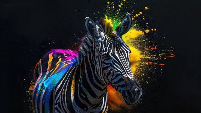 Terrestrial prey, zebr herbivorous animals. They are very cute and lovable. Painted with paint splash technique. Isolated black background. Also for T-shirt printing pattern. Generative AI