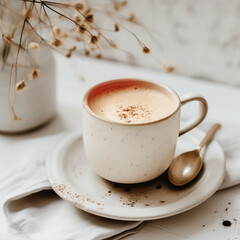 Une tasse de café sur une table blanche dans une environnement minimaliste - obrazy, fototapety, plakaty