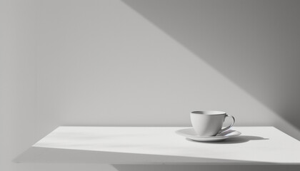 Fototapeta na wymiar Une tasse de café sur une table blanche dans une environnement minimaliste