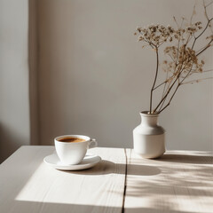 Une tasse de café sur une table blanche dans une environnement minimaliste - obrazy, fototapety, plakaty