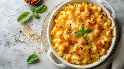 Mac and cheese traditional american macaroni casserole in creamy sauce. Top view on light stone table
