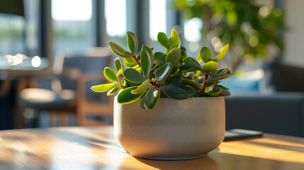 Jade plant in a pot on table in the office, modern office interior decorated with plants 