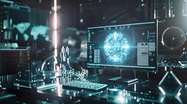 illustration of a scientist researching atomic reactions on a computer