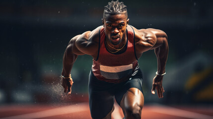 Fototapeta na wymiar A black runner, a sprinter, a man running on a treadmill on a sports track. Competitions, Sports, Energy, Running, Training, Healthy lifestyle concepts.