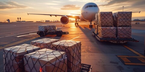 freight Airplane air with cargo on dolly trailer waiting to be loaded onto aircraft