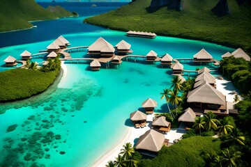 Luxury overwater villas on blue lagoon, white sandy beach and Otemanu mountain at Bora Bora island, Tahiti, French Polynesia. - obrazy, fototapety, plakaty