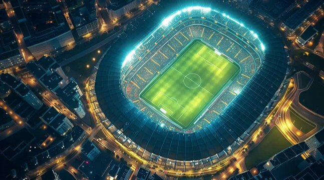 modern and luxurious football stadium, bird's eye view at night
