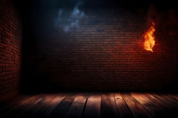Dark basement room, empty old brick wall, sparks of fire and light on the walls and wooden floor. Dark background with smoke and bright highlights. neon lamps on the wall, night view. - obrazy, fototapety, plakaty