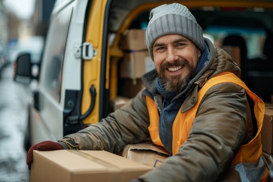 Smiling delivery man in winter gear handling packages near van