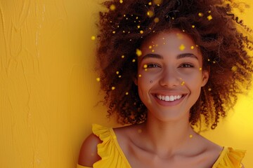 Cheerful young woman with a bright yellow aesthetic and digital data concept