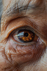 Fototapeta premium a close up photo of an elderly Asian woman eye looking at the camera, super close up at her pupil --ar 2:3 Job ID: d7ac73e8-0c87-4cce-8d15-f3c81e0a552f