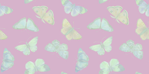 watercolor butterflies, hand drawn illustration, seamless pattern on a light purple background.