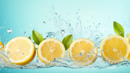 Lemon slices in refreshing water splash, portraying freshness and healthy drink options for advertising background banner copy space area