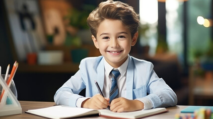 Education Cute boy Smiling student studying at desk in classroom with writing books and notebook. Background banner