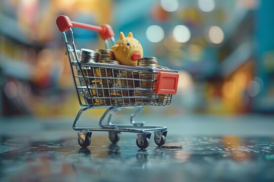 Miniature shopping cart filled with coins and a piggy bank on a dynamic background