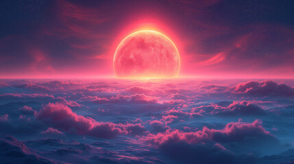 不思議な惑星から眺めるピンク色の月 - obrazy, fototapety, plakaty