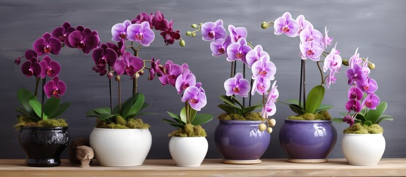 Phalaenopsis flowers in purple pots on loft interior background