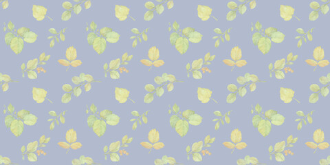 Watercolor design of autumn leaves. Illustration of drawn branches with leaves for design, summer plants seamless background