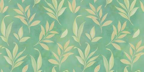 Watercolor leaf surface design. Illustration of drawn branches with leaves for design, summer plants seamless background
