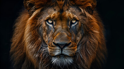 The face of an Asian lion isolated on a black background,  generative Ai
