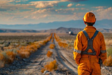Fototapeta na wymiar Oil industry worker in reflective gear surveying a desert landscape