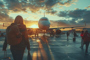 Passengers with luggage walking towards a plane at sunset