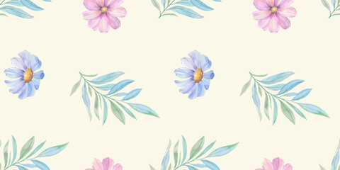 Fototapeta na wymiar Seamless floral design with flowers and leaves for background, abstract endless pattern. Watercolor illustration and digital drawing of leaves on branches