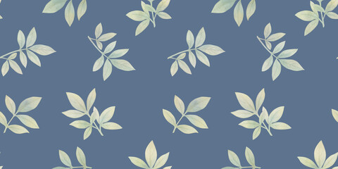 Fototapeta premium seamless botanical background of leaves, hand-drawn watercolor pattern, abstract illustration for wallpaper and packaging design, leaves on branches collected in an endless ornament