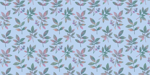seamless botanical background of leaves, hand-drawn watercolor pattern, abstract illustration for wallpaper and packaging design, leaves on branches collected in an endless ornament