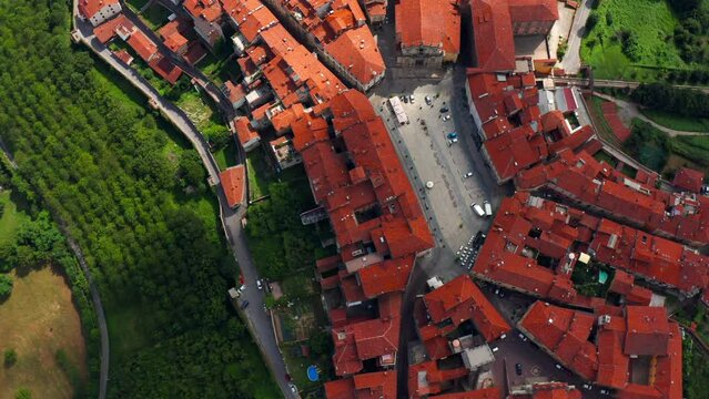 Aerial top down view of Vicoforte town in Province of Cuneo in Piedmont region, Italy