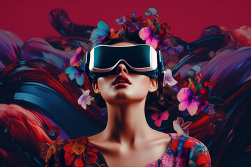 Beautiful young woman in virtual reality glasses against the background of the future