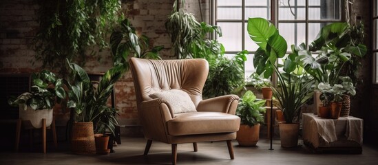 Fototapeta na wymiar Modern loft living room with plywood and wood accents retro beige leather armchair and lush green plants in pots near window Mock up interior photo in urban jungle style