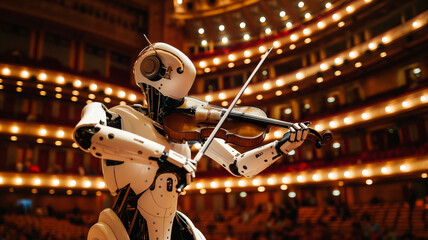 Robot plays Violin in a Classical Concert Hall  - obrazy, fototapety, plakaty