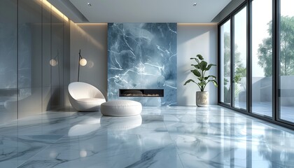 Living room with blue white marble wall and floor with fireplace
