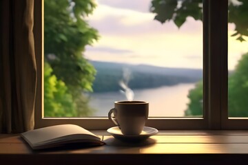 cup of coffee and laptop at the window with nature view in summer. Seamless looping time-lapse virtual video animation background. Generated AI